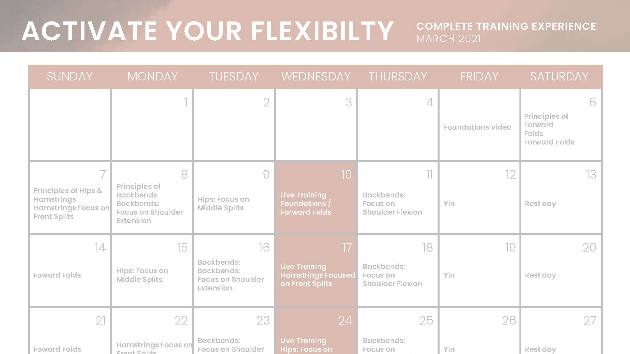 Activate Your Flexibility Live Training Calendar and Template - March
