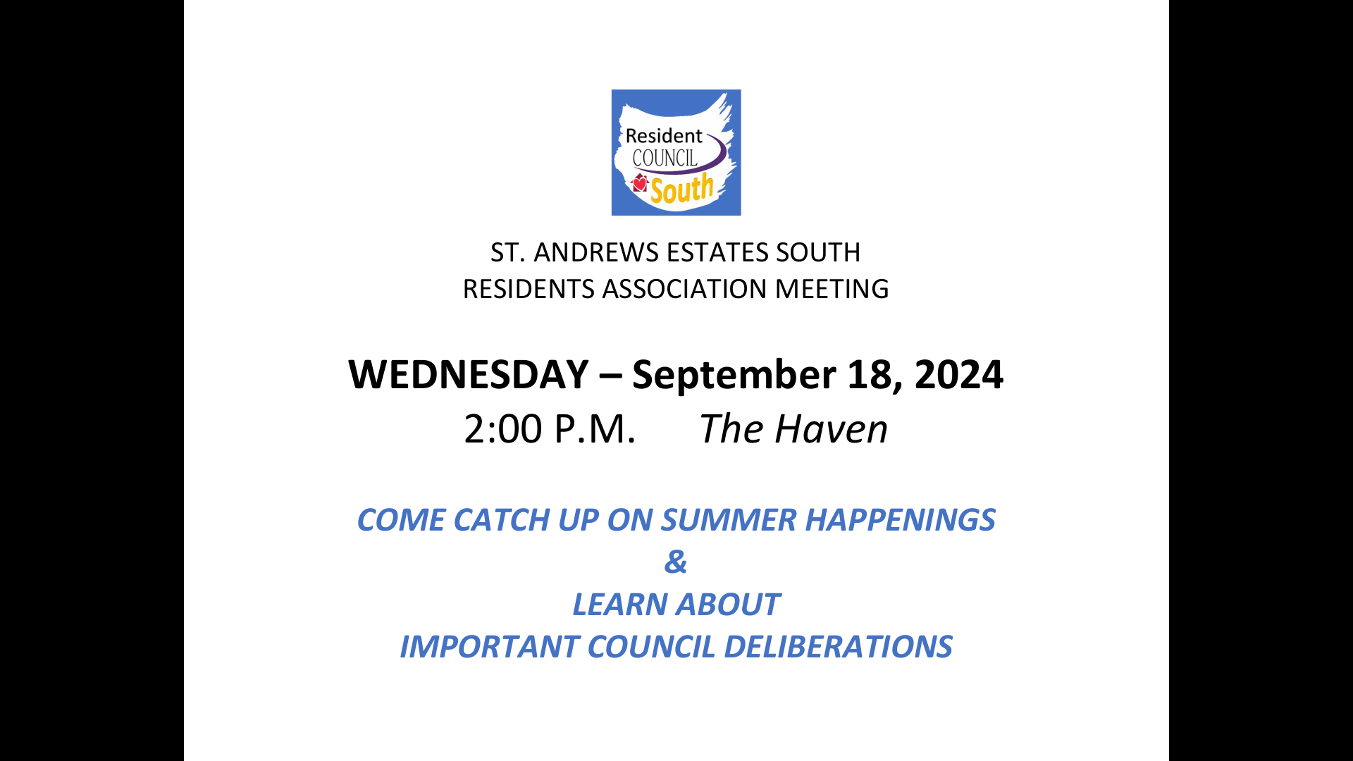 SAS Resident Council Meeting in the Haven 9/18/24 @ 2PM