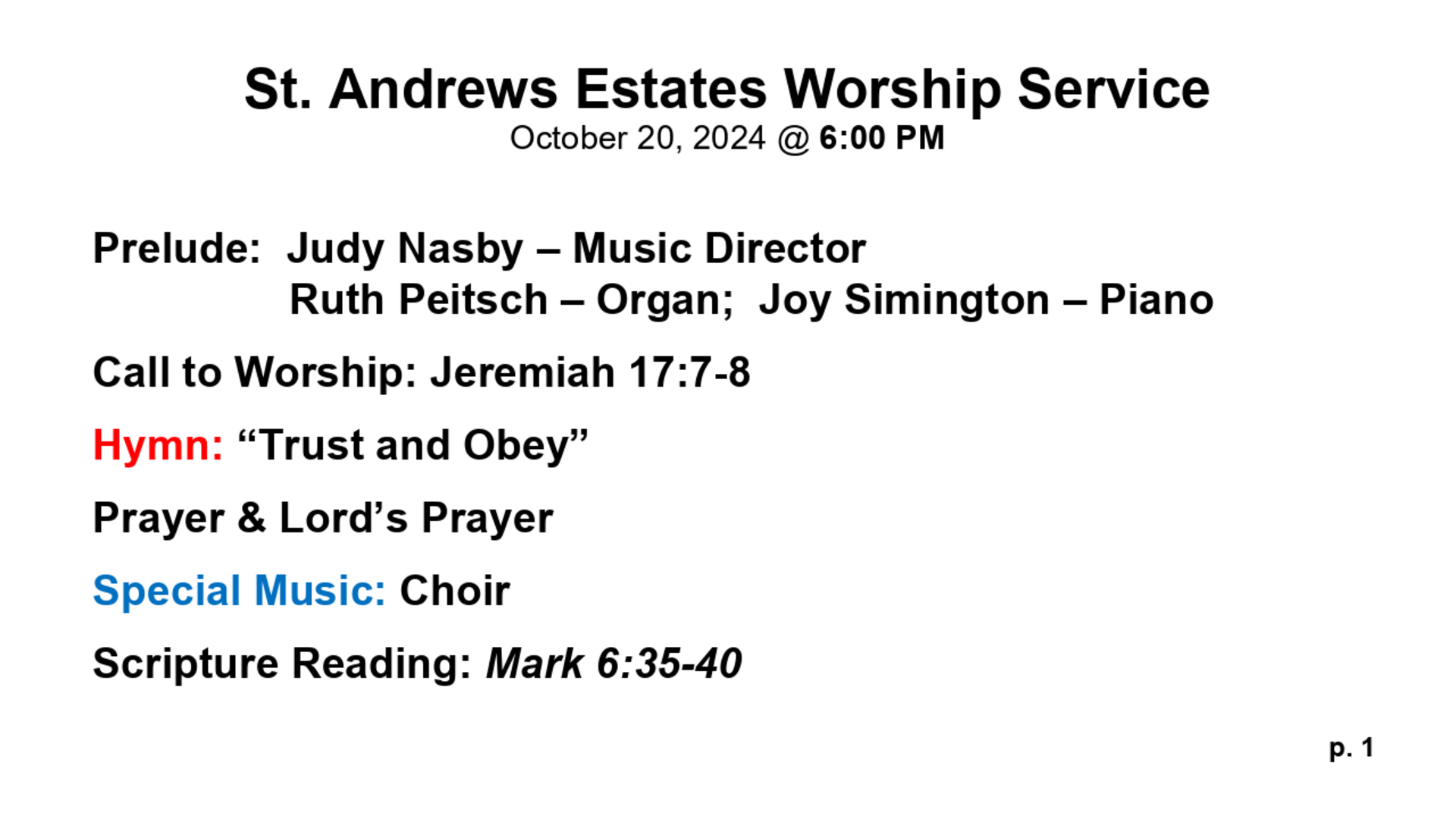 SAS Sunday Evening Chapel Service 10/20/2024