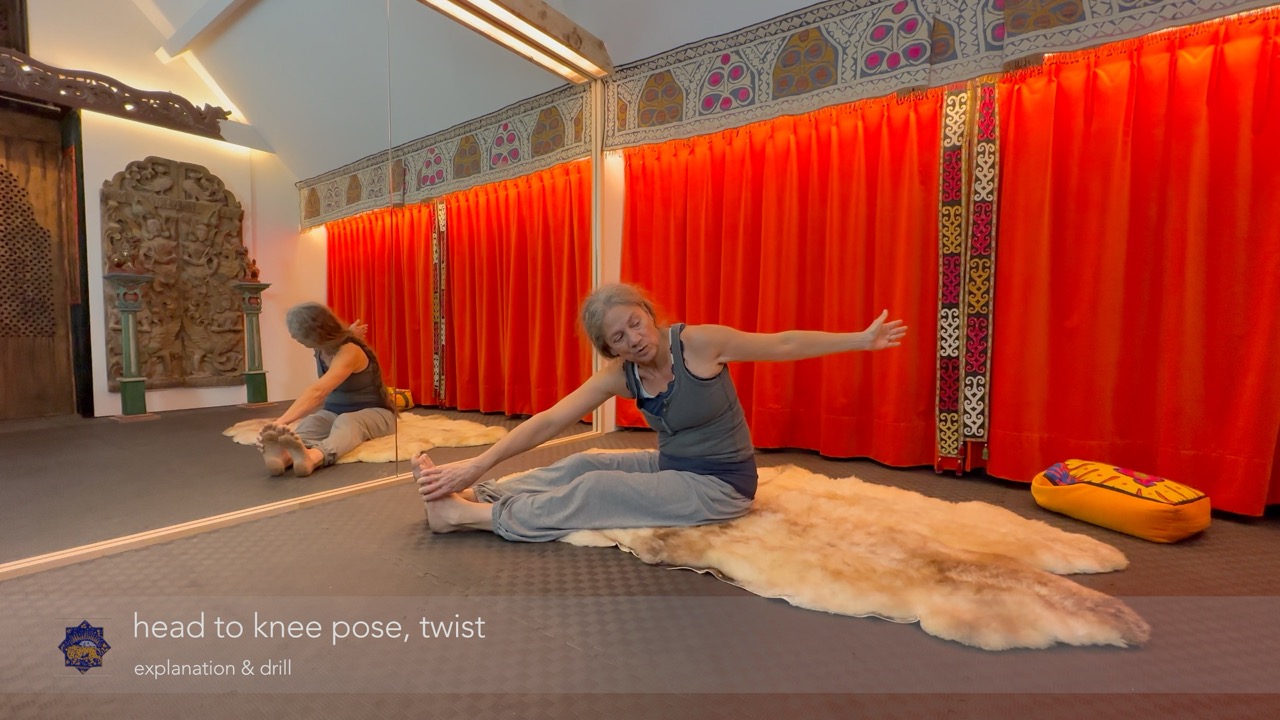 oefening: zittende stretch torsie, hand naar andere voet twist andere arm achter