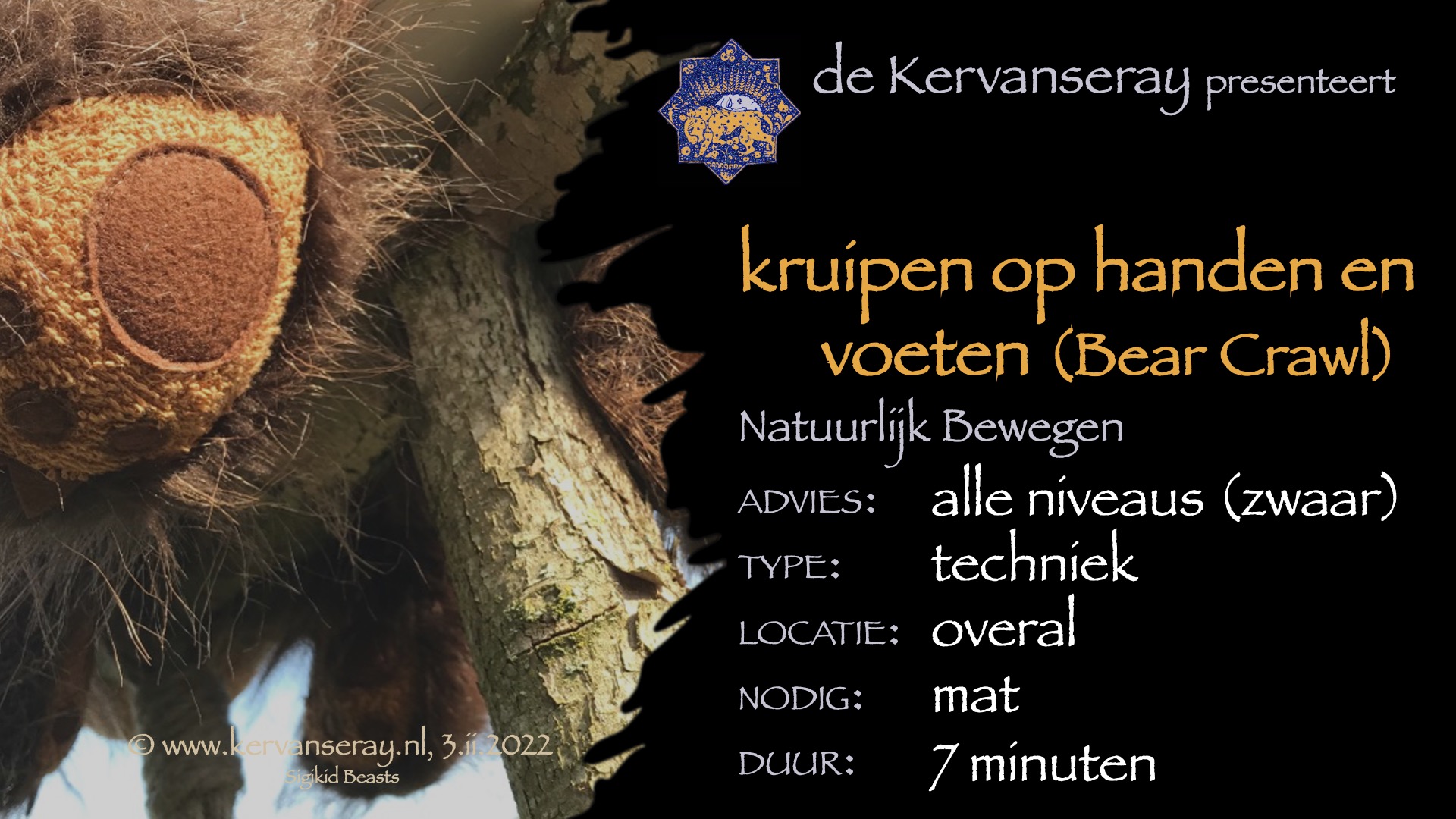 instructie & oefening: kruipen op de tenen, knieën los (beerloop) heen en terug