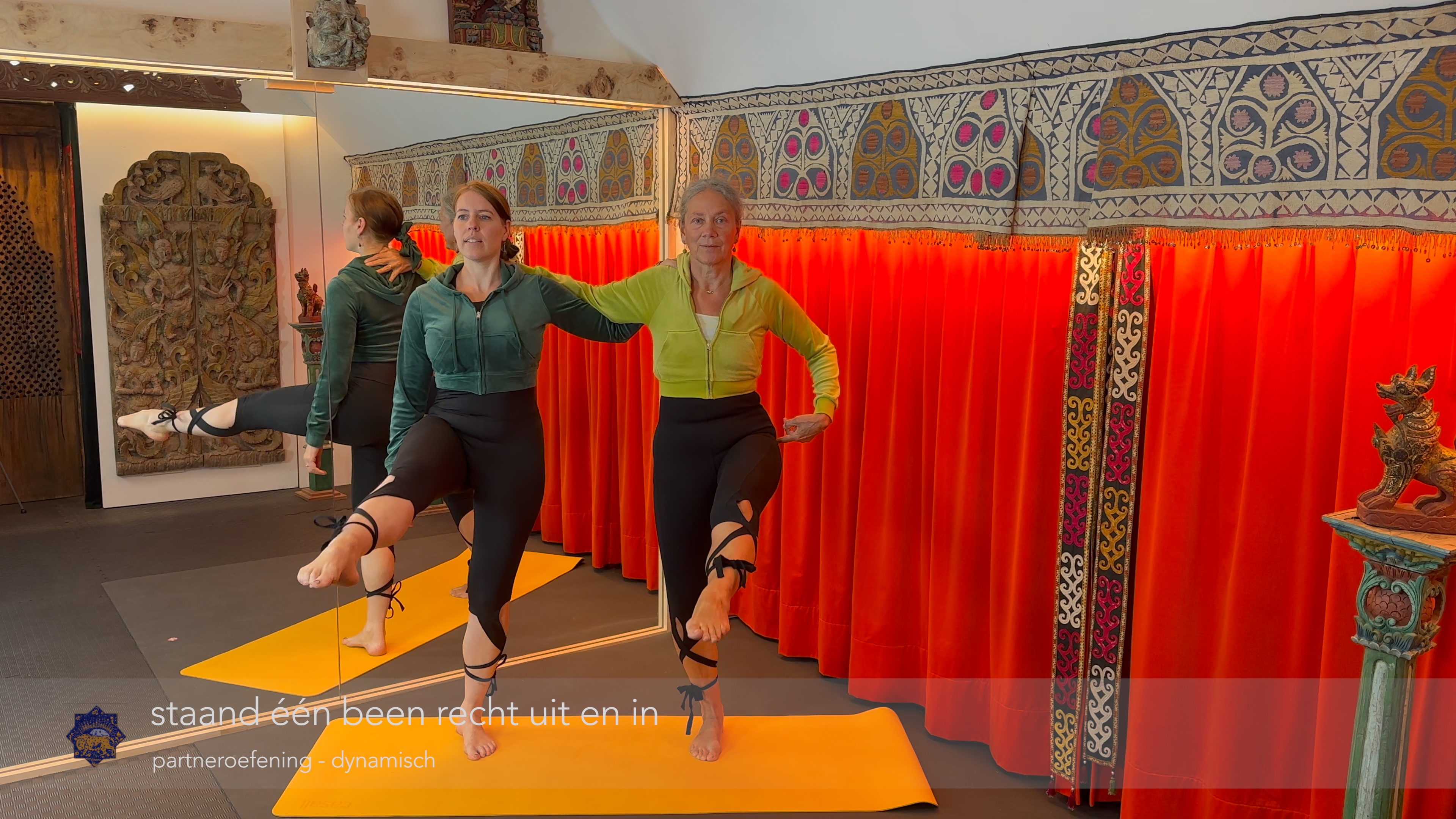 oefening met partner: staand één gebogen been recht naar voren en uit en in