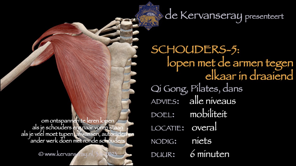 oefening reset losmaken schouders: 5 lopen met de armen tegen elkaar indraaiend