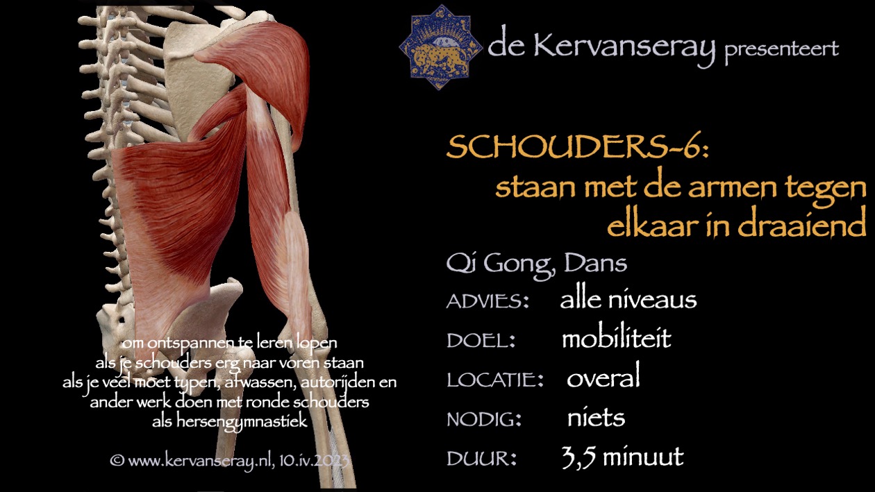 oefening reset losmaken schouders: 6 staan met de armen tegen elkaar indraaiend