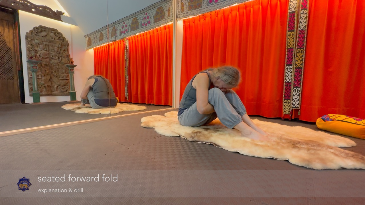 oefening: zittende stretch achterzijde, bovenlichaam tegen de knieën vouwen