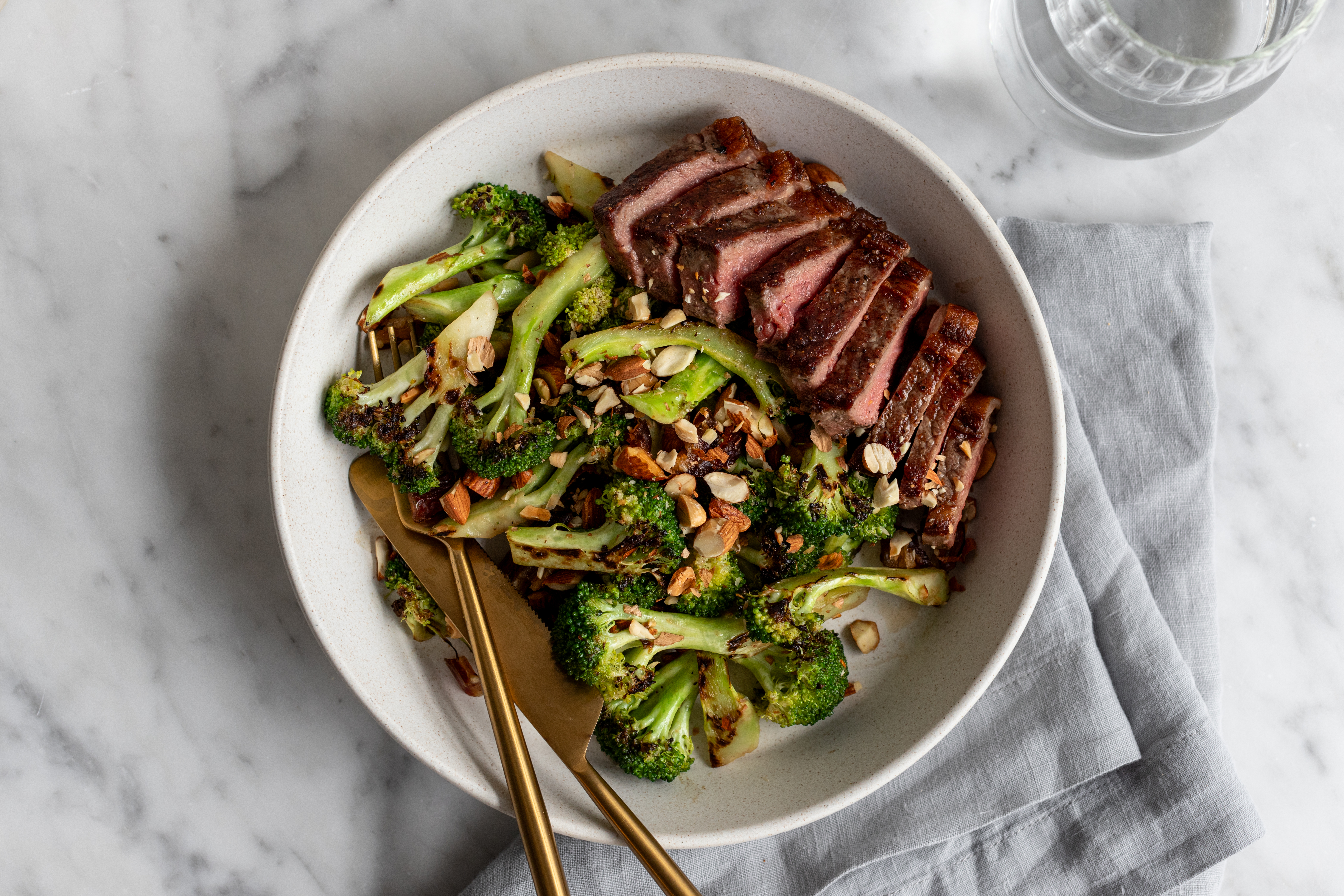 CHARRED BROCCOLI SALAD with STEAK or TEMPEH STEAK