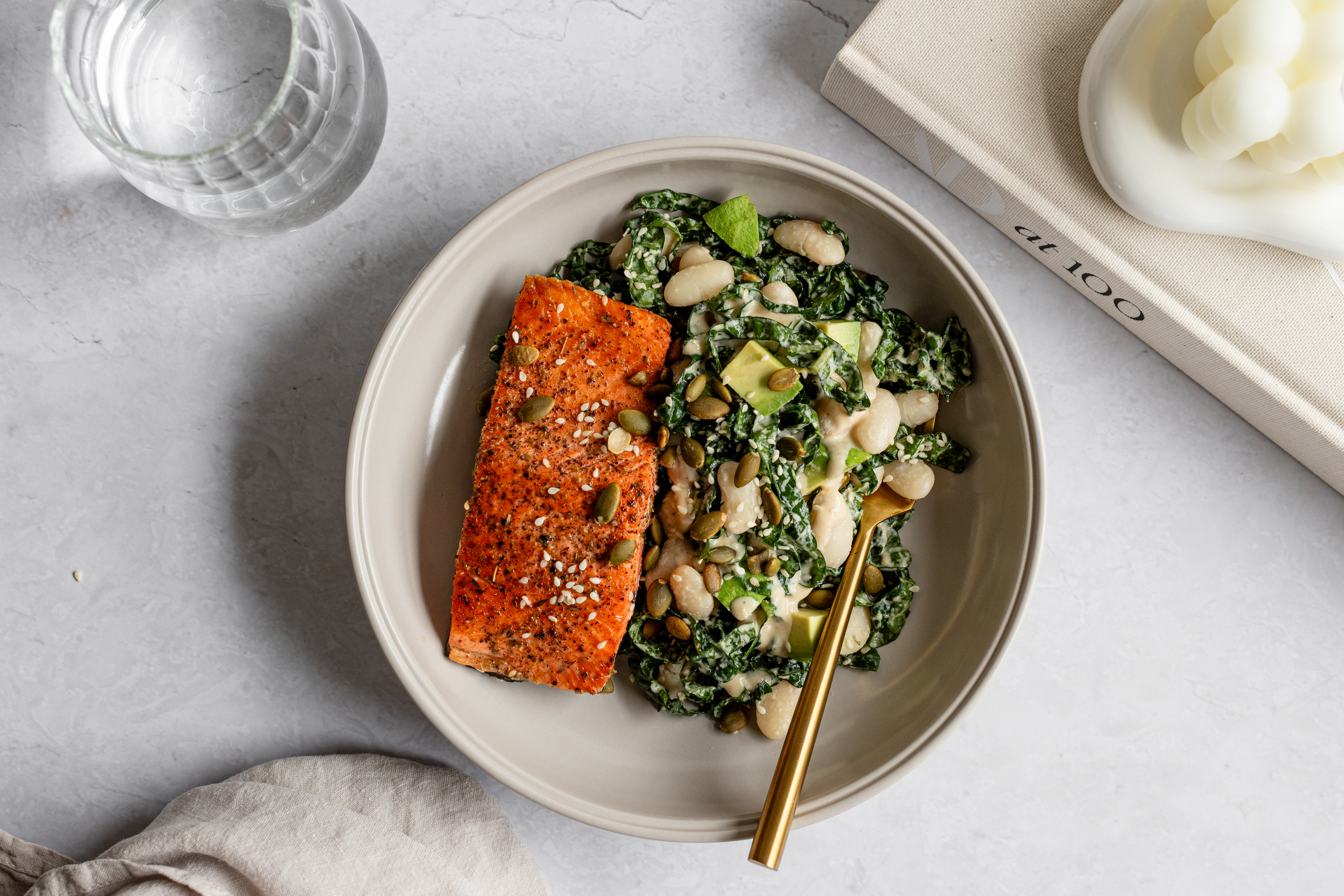 RECIPE - KALE WHITE BEAN SALAD WITH ZA'ATAR SEARED SALMON