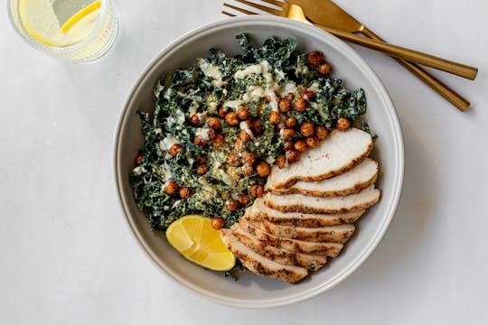 KALE CAESAR SALAD WITH CRISPY CHICKPEAS