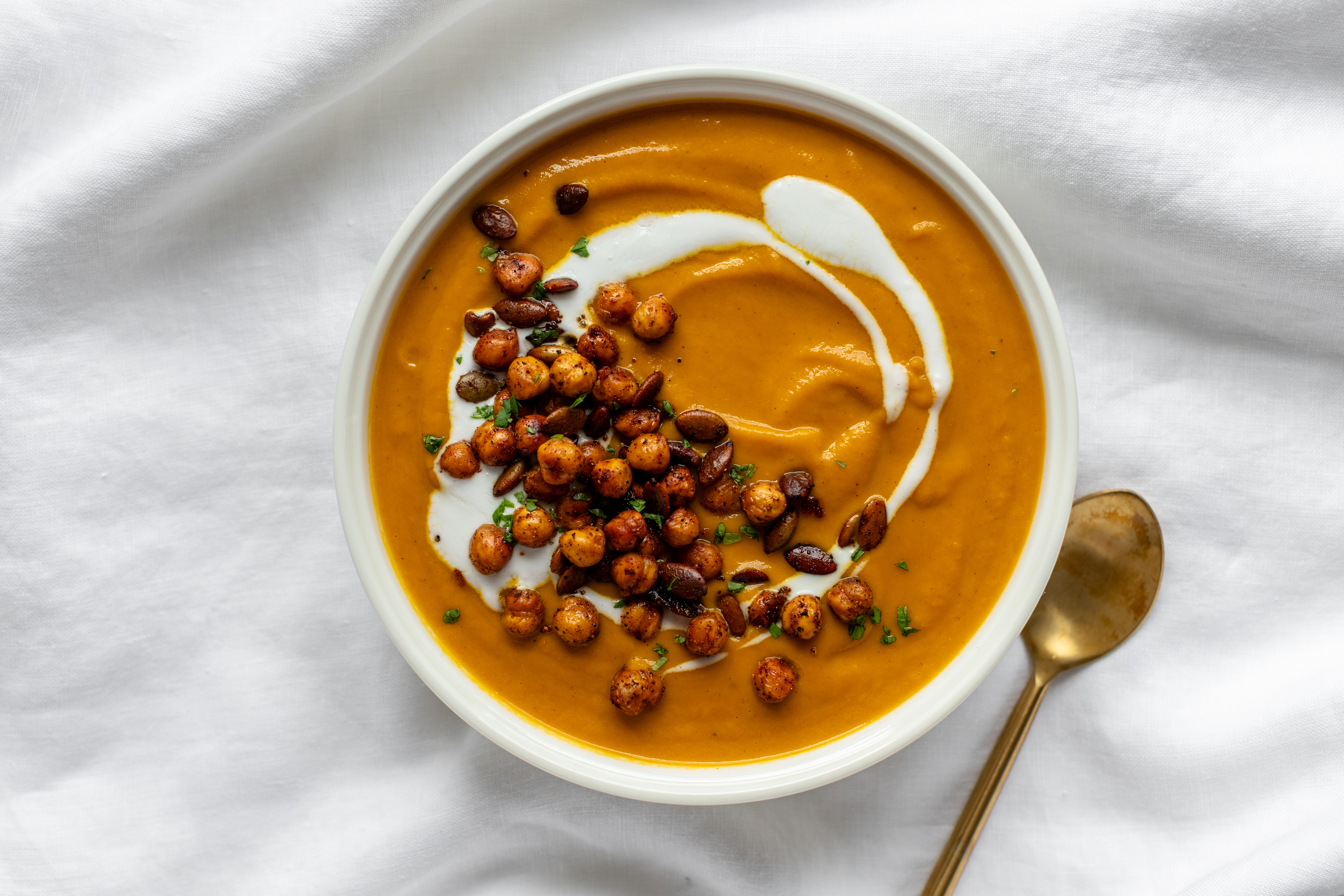 PUMPKIN SOUP WITH CRISPY CHICKPEAS & PEPITAS