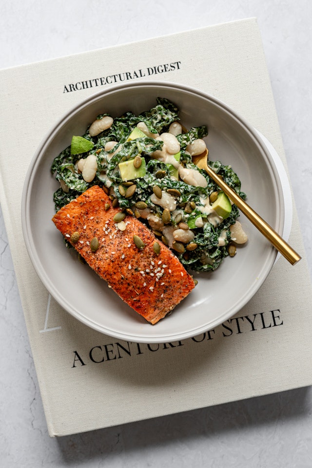 KALE AND WHITE BEAN SALAD WITH SALMON