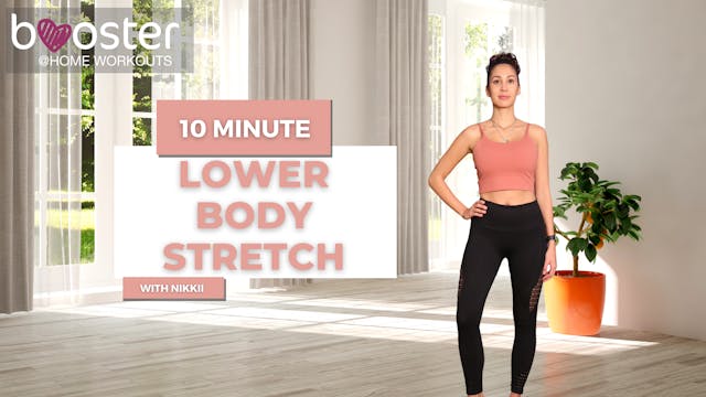 10' lower body stretch, in a bright space with an orange tree