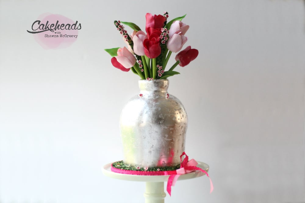 Tulips & Silver Leaf Vase Cake