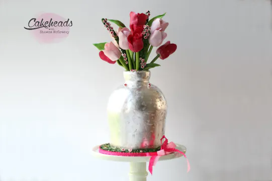 Tulips & Silver Leaf Vase Cake