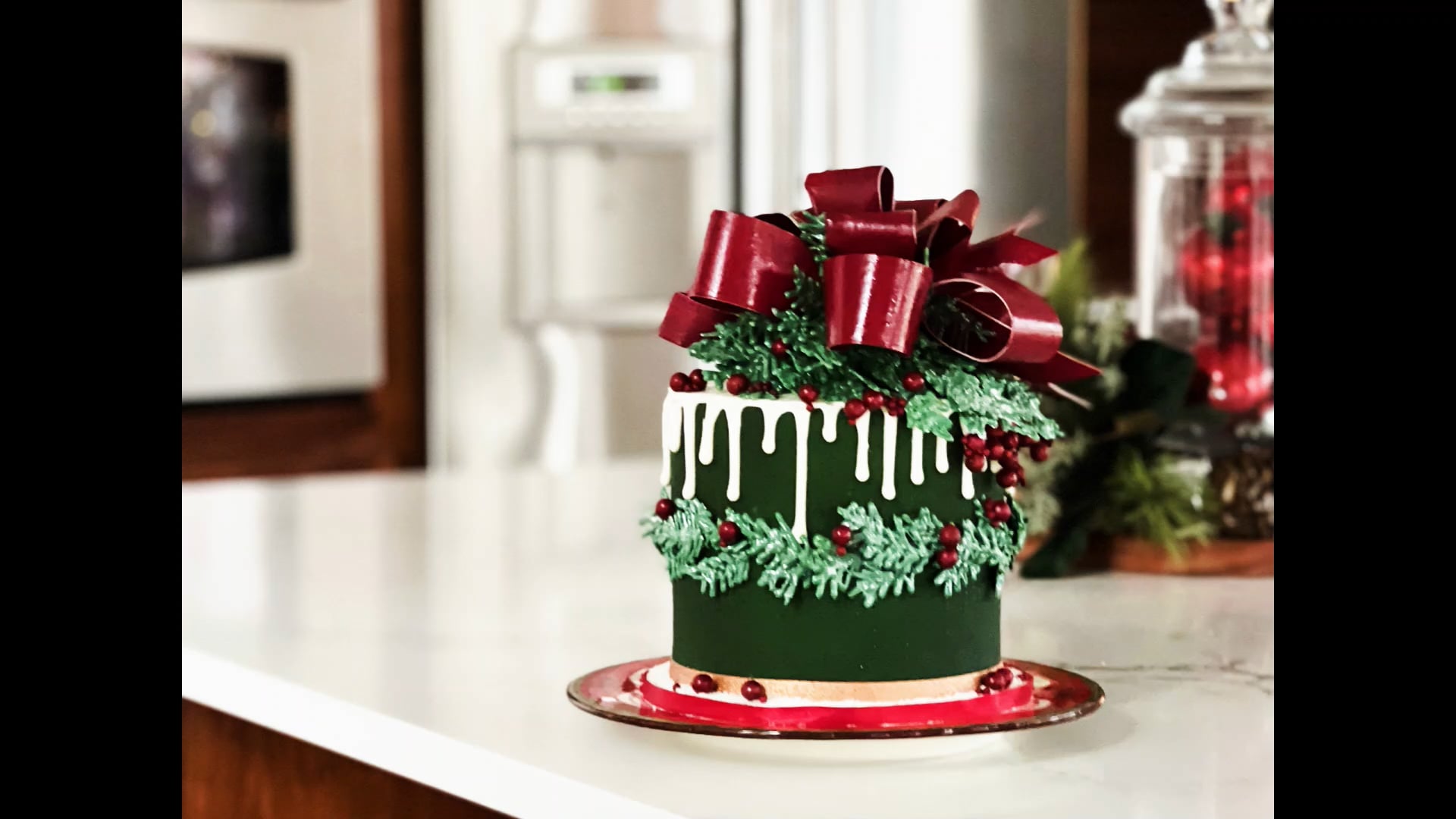 Christmas green and red berry bow cake