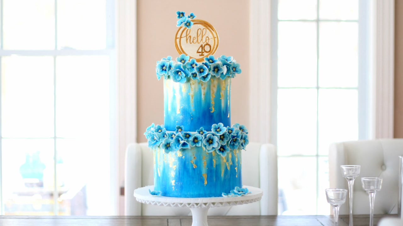 Painted Streaks & Blossoms Cake: Blue and Gold