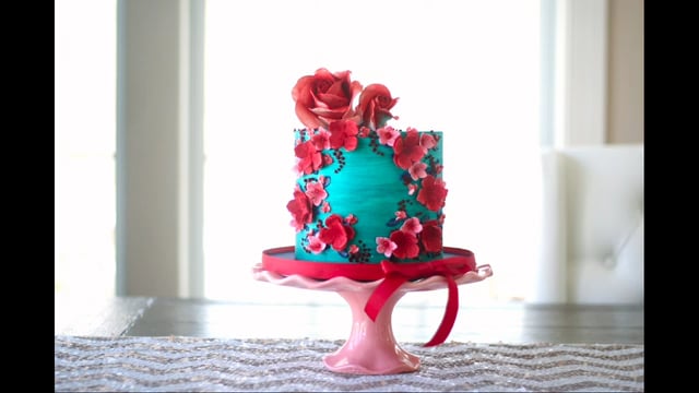 Turquoise/Teal Painted Buttercream with Palette Knife Leaves & Red Accents