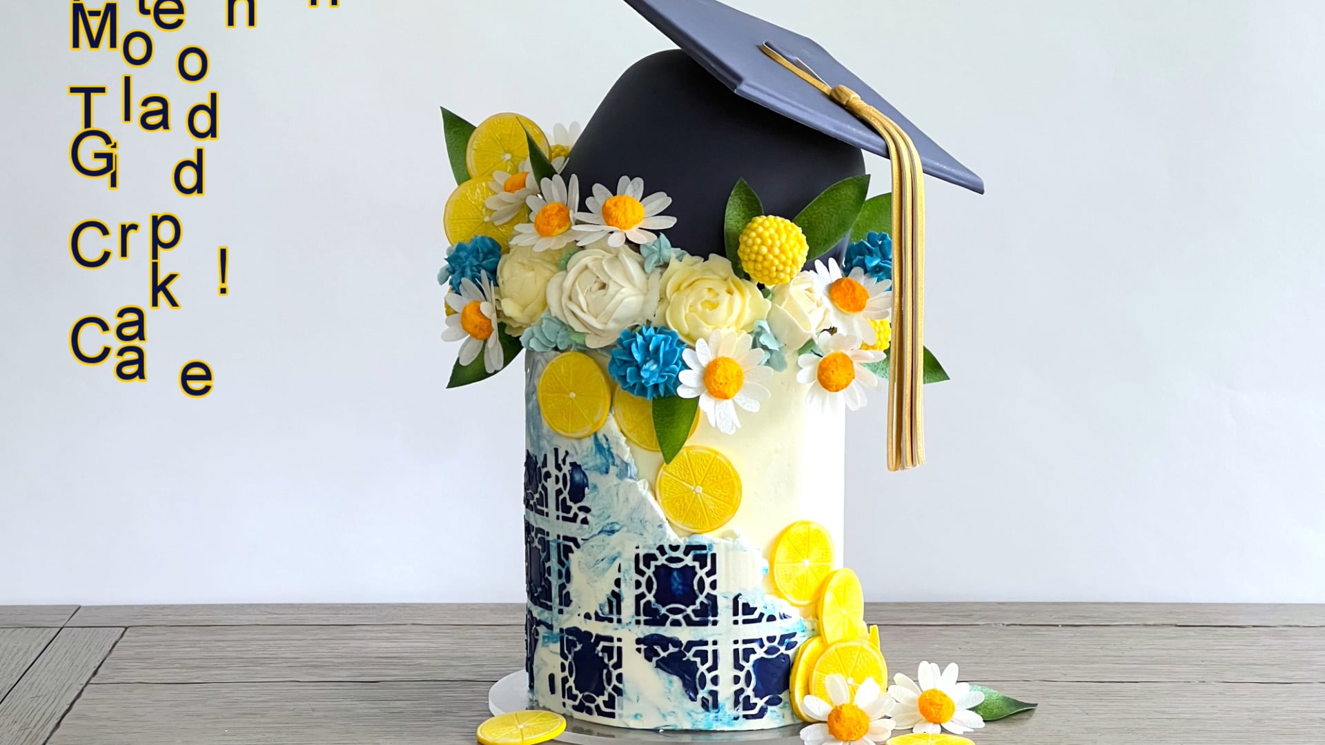 Lemon & Blue Tile Grad Cake w/Marbled Buttercream