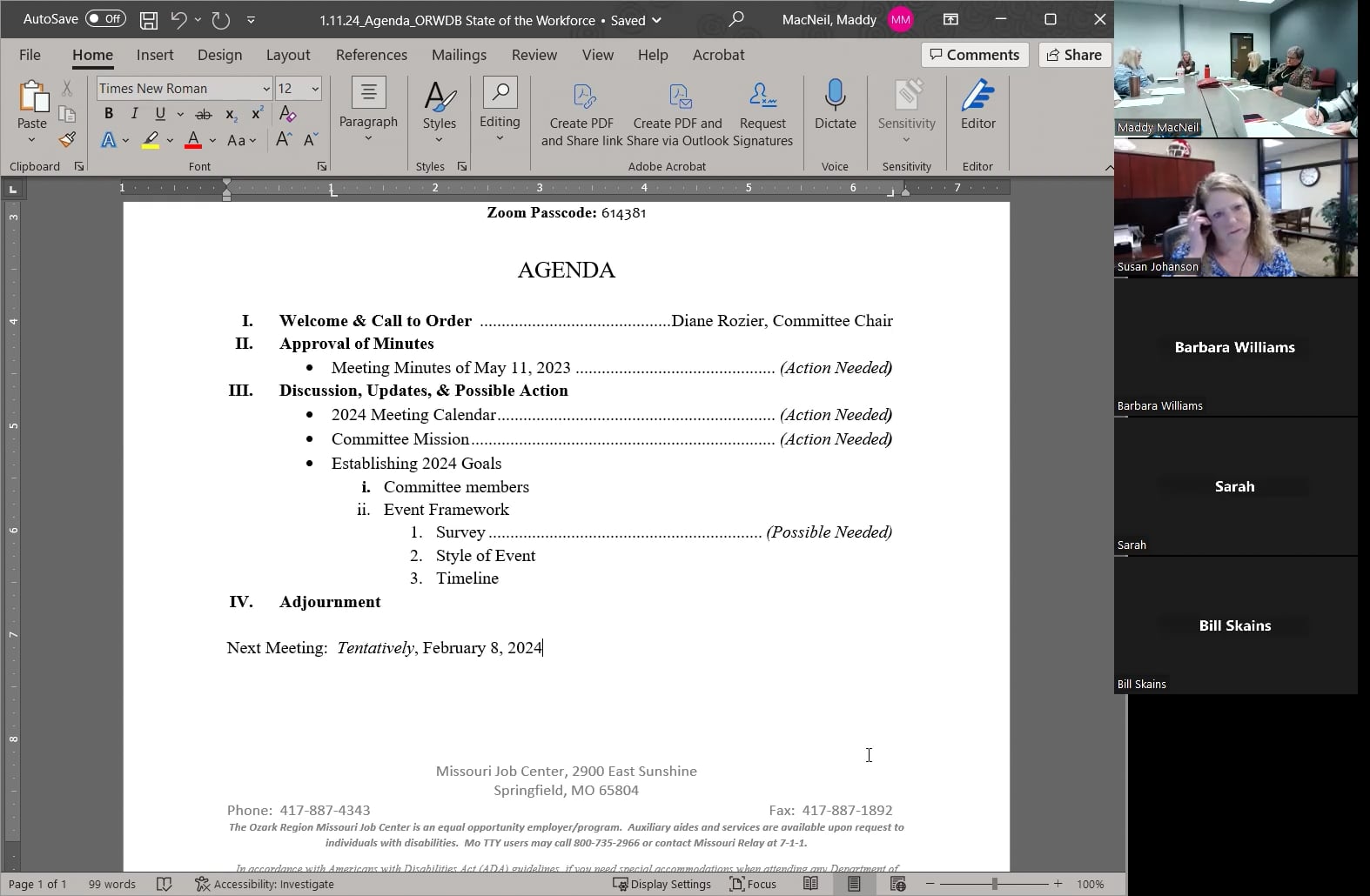 State of the Workforce Committee Meeting - January 11, 2024