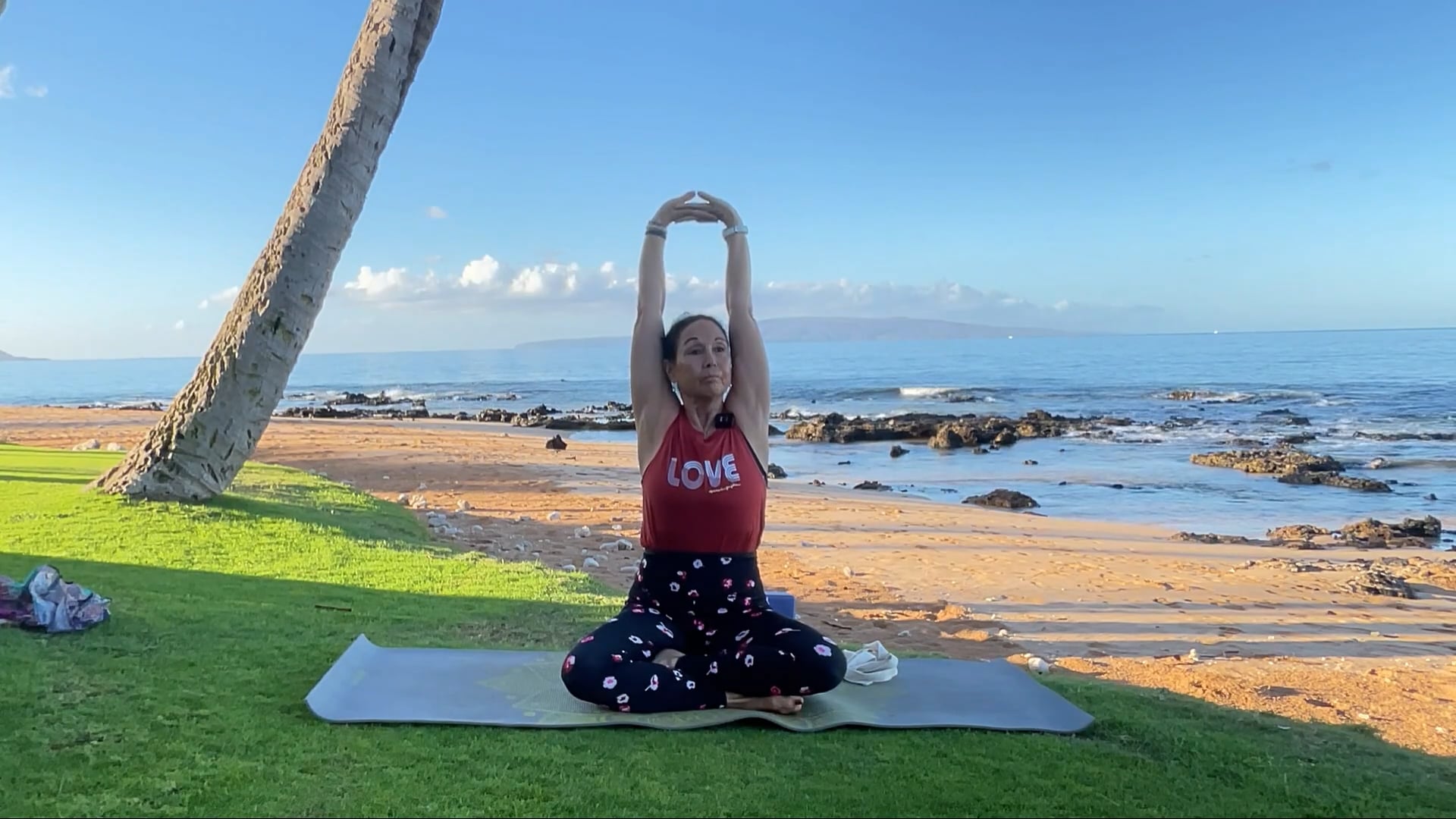 1-2-25 Gentle Beach Yoga: Arm/shoulder and leg/hip streching/strengthening. New priorities, #1 Take care of yourself daily.