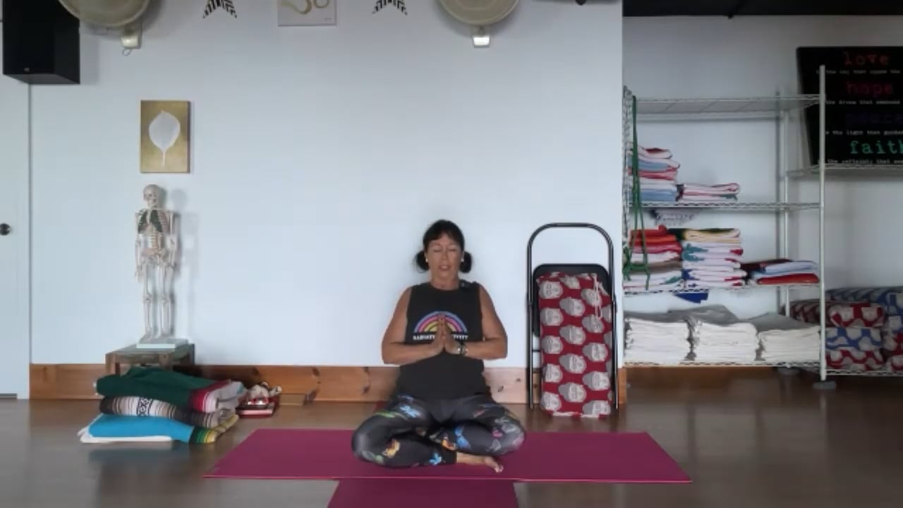 11-23-22 Iyengar Yoga: Focus on the back body: leg/buttock bone in standing and sitting, opening up the chest to quiet the mind.
