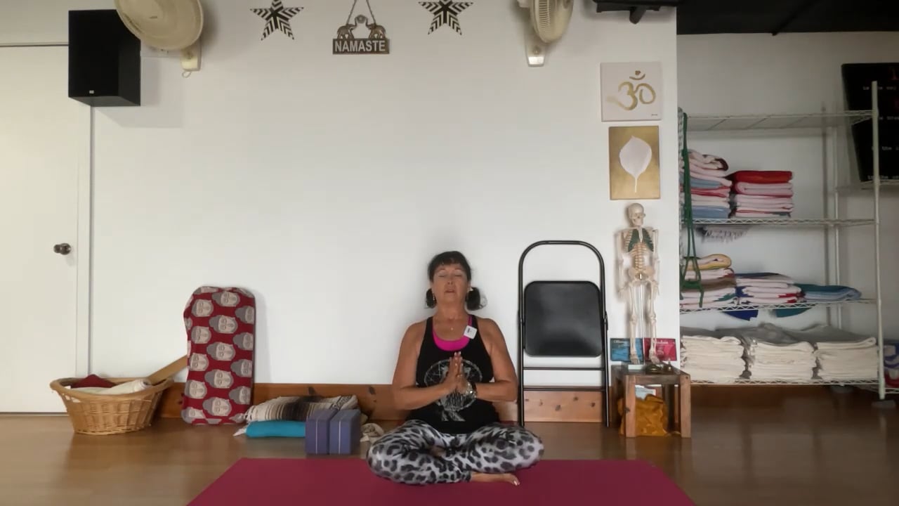 11-28-22 Iyengar Yoga: Focus on quieting the mind to listen and follow instructions….upright, twisting, back arching.