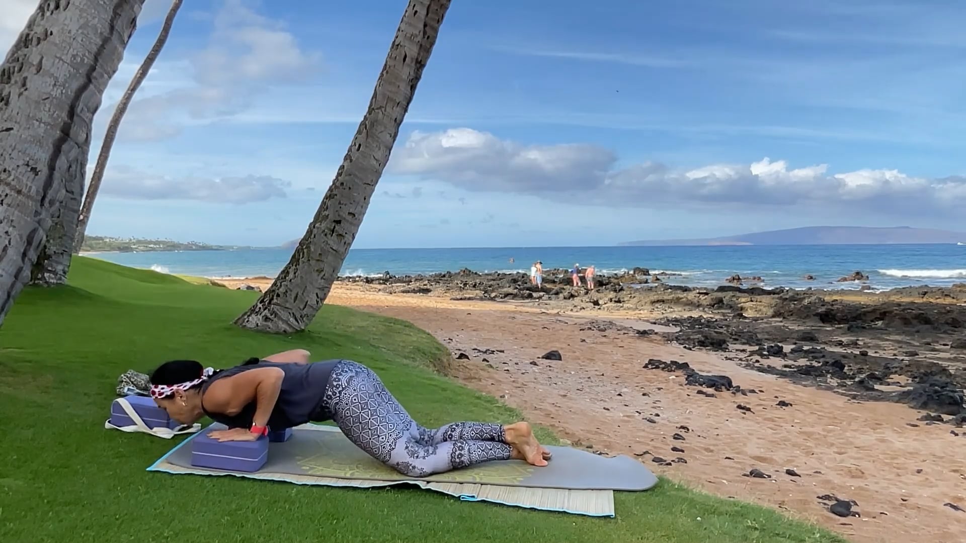 7-8-25 Gentle Beach Yoga:  Building awareness, body part by body part, then let go, surrender.
