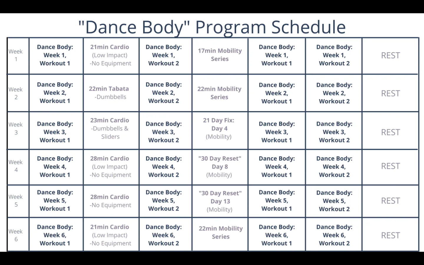 "Dance Body" Program: Schedule