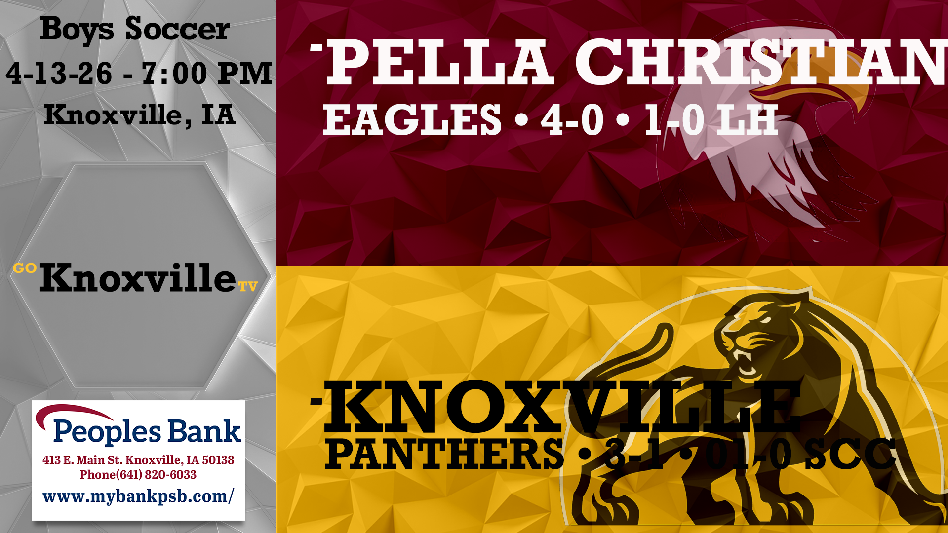 Knoxville vs Pella Christian Boys Soccer 4-13-26