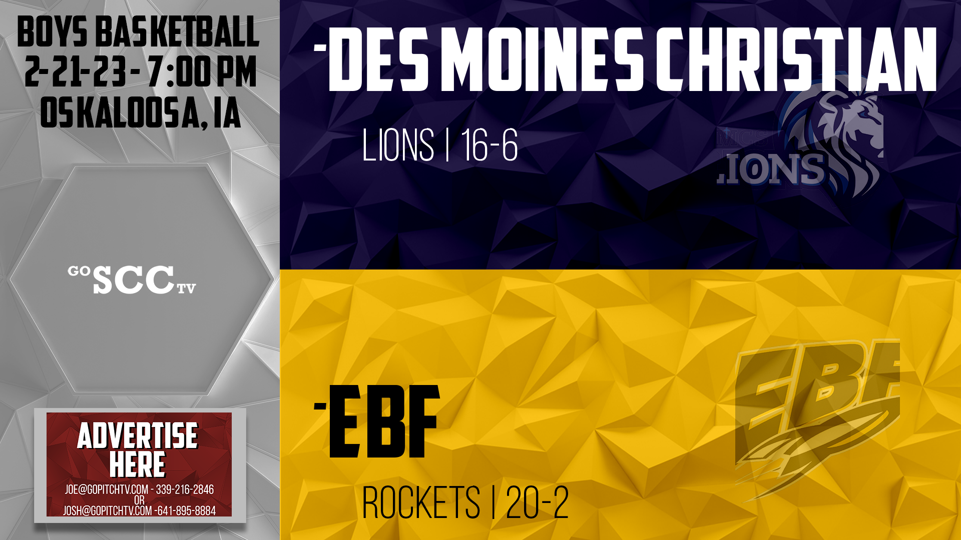 EBF Boys Basketball vs Des Moines Christian @ Oskaloosa 2-21-23