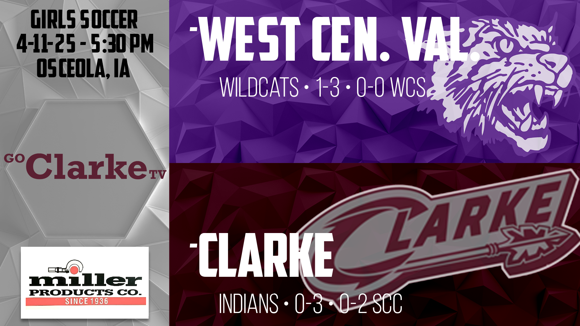 Clarke Girls Soccer vs West Central Valley 4-11-25