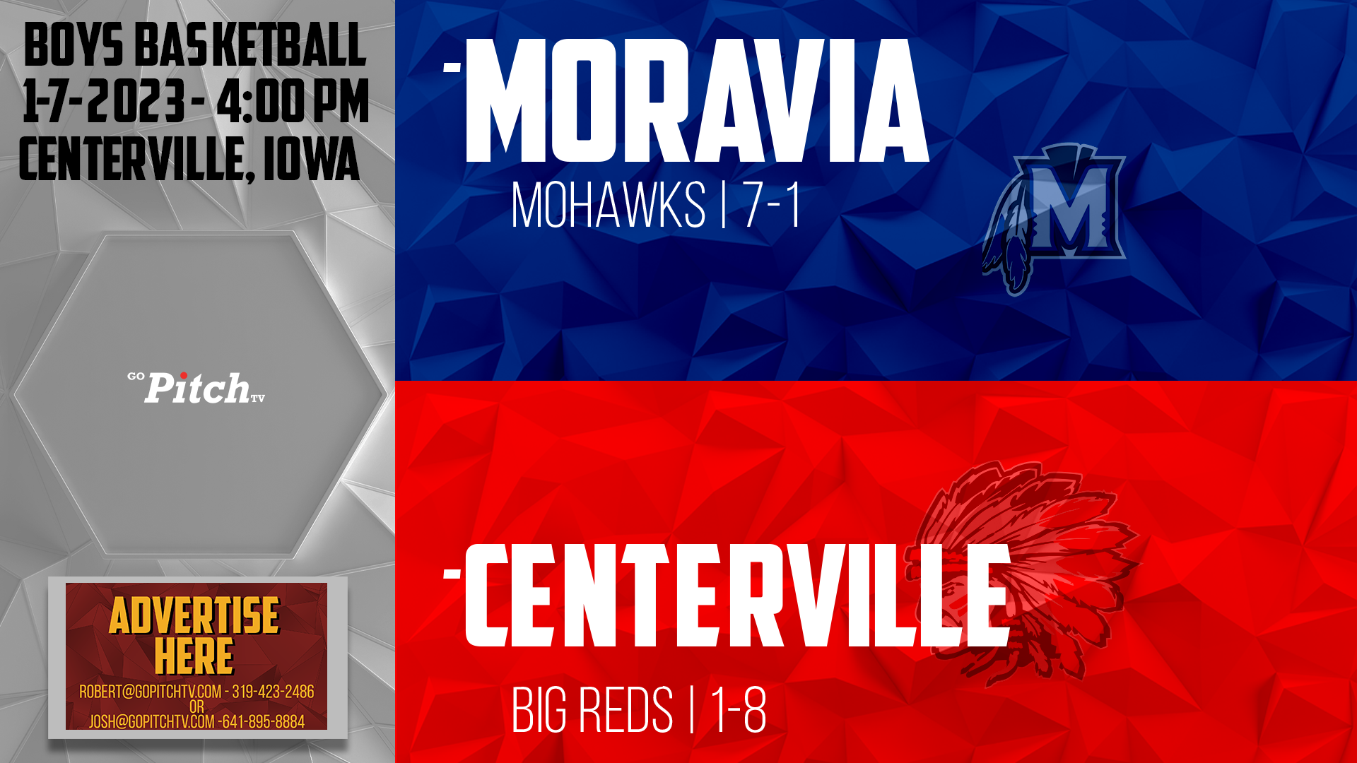 Centerville Boys Basketball vs Moravia 1-7-23