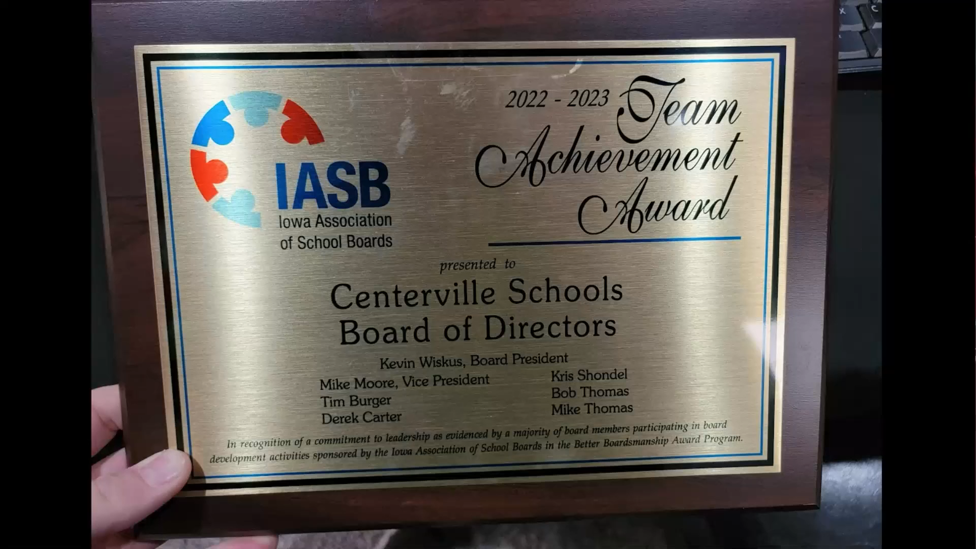 Centerville School Board Team Achievement Award