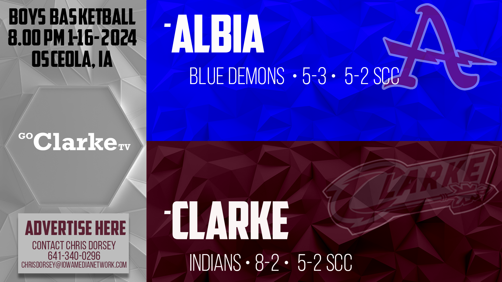 Clarke Boys Basketball vs Albia 1-16-24