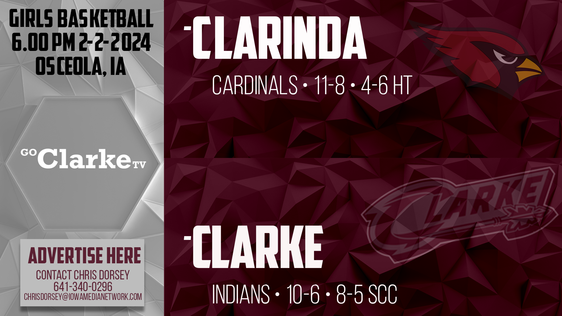 Clarke Girls Basketball vs Clarinda 2-2-24