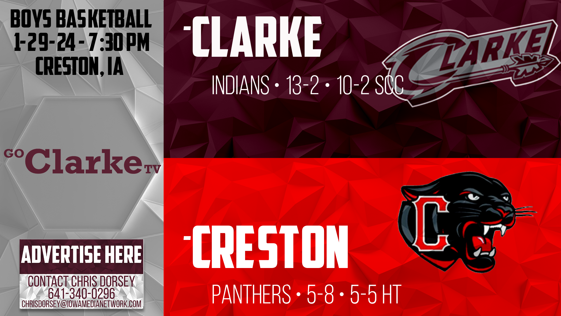 Clarke Boys Basketball @ Creston 1-29-24