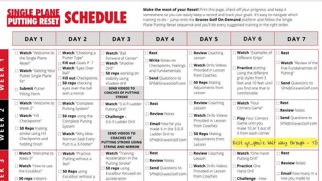 PUTTING RESET SCHEDULE - Download & Print PDF