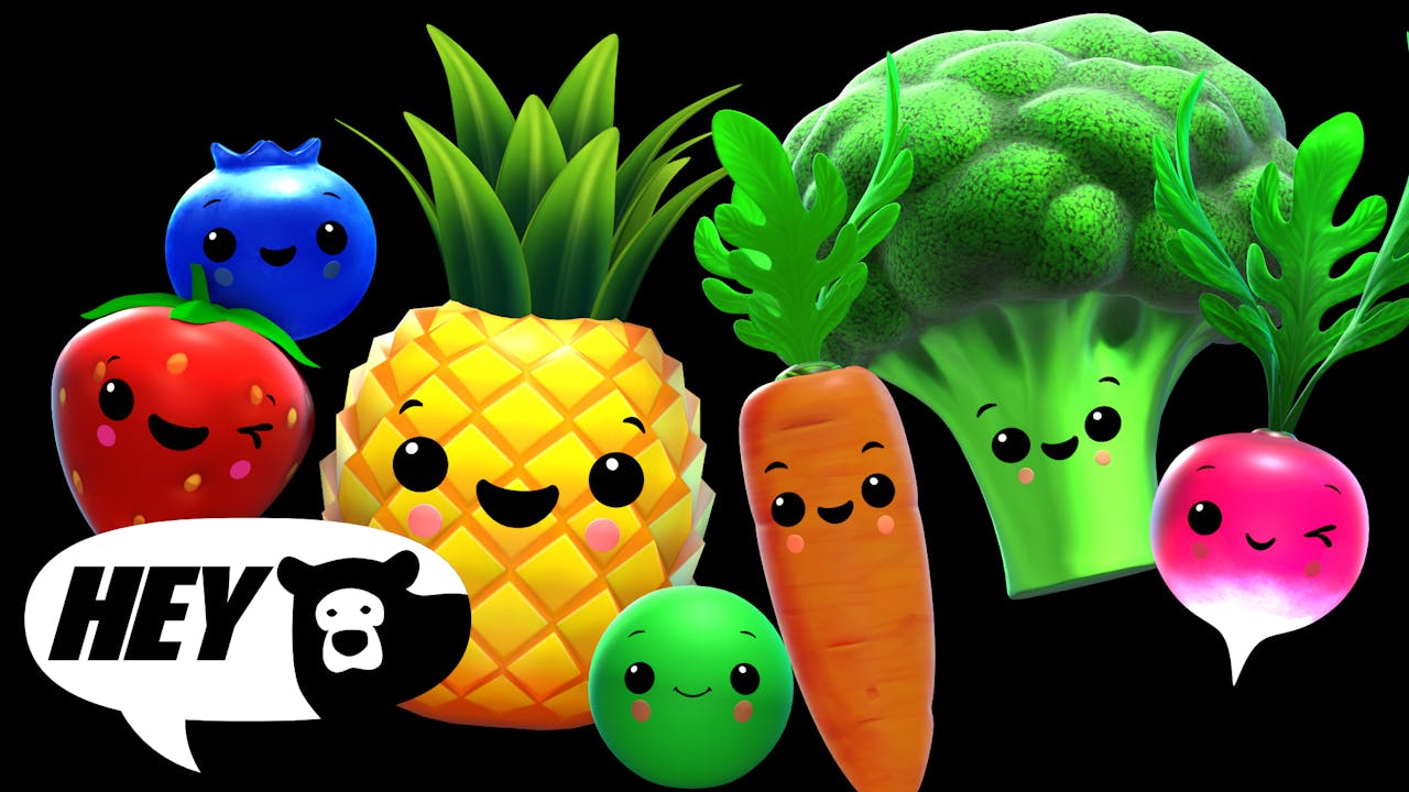 A lively GIF of funky vegetables and fruits dancing in a vibrant party remix, set against a colorful disco backdrop.