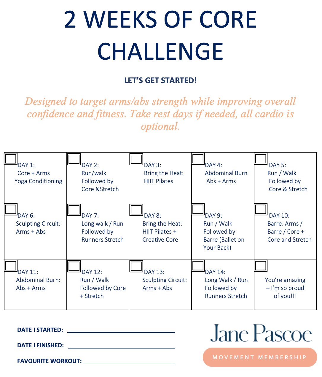 2 Weeks of Core Challenge Calendar PDF