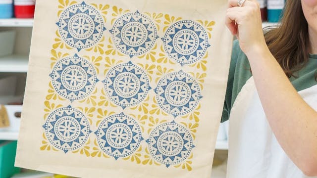 Block printing tote bags with Tess Grace