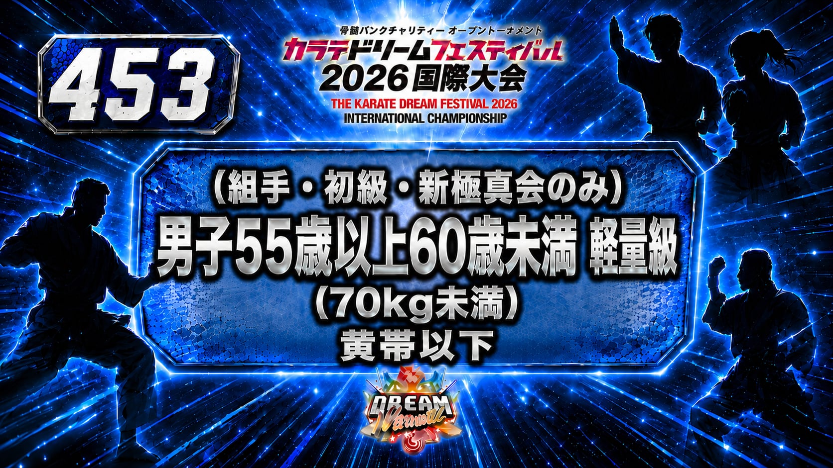 453（組手・初級・新極真会のみ）男子55歳以上60歳未満　軽量級(70㎏未満) 　黄帯以下