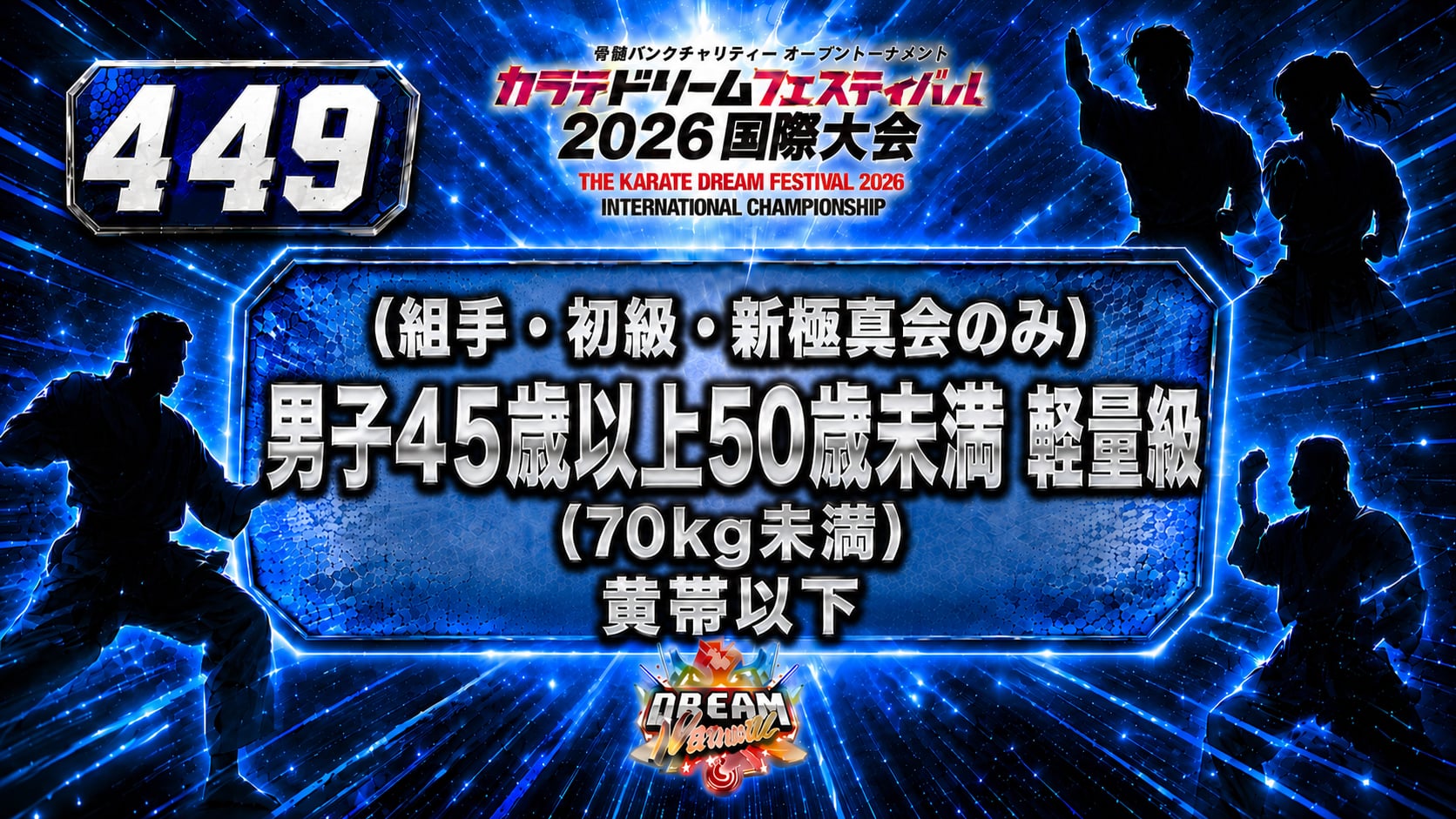 449（組手・初級・新極真会のみ）男子45歳以上50歳未満　軽量級(70㎏未満) 　黄帯以下