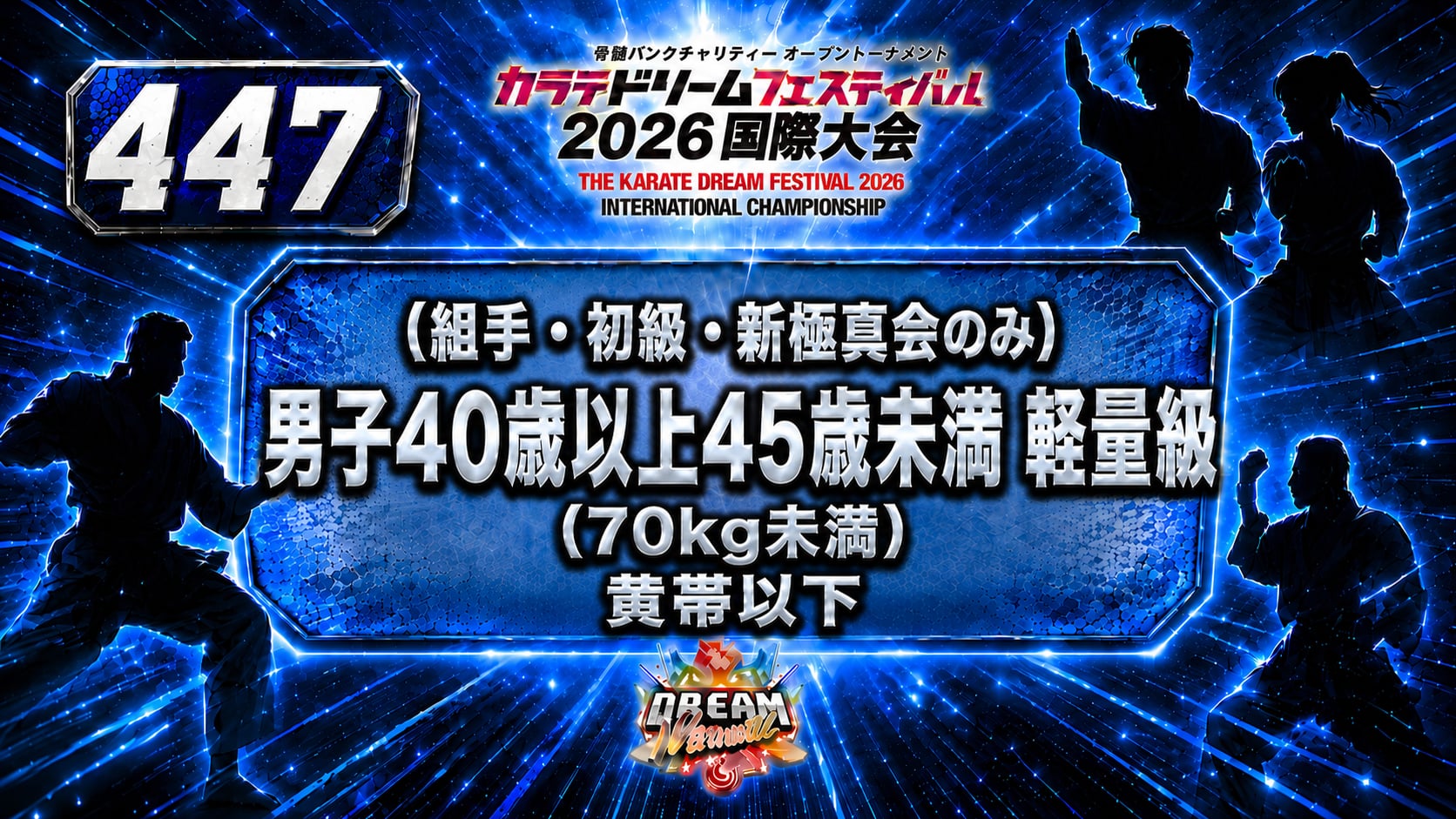 447（組手・初級・新極真会のみ）男子40歳以上45歳未満　軽量級(70㎏未満) 　黄帯以下