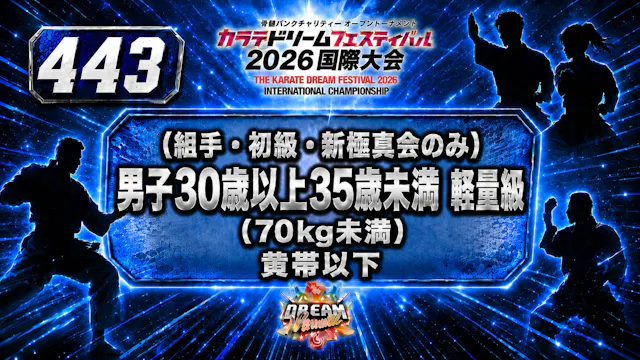 443（組手・初級・新極真会のみ）男子30歳以上35歳未満　軽量級(70㎏...