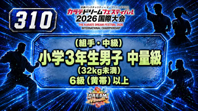 310（組手・中級）小学3年生男子　中量級(32kg未満)　6級（黄帯）以上