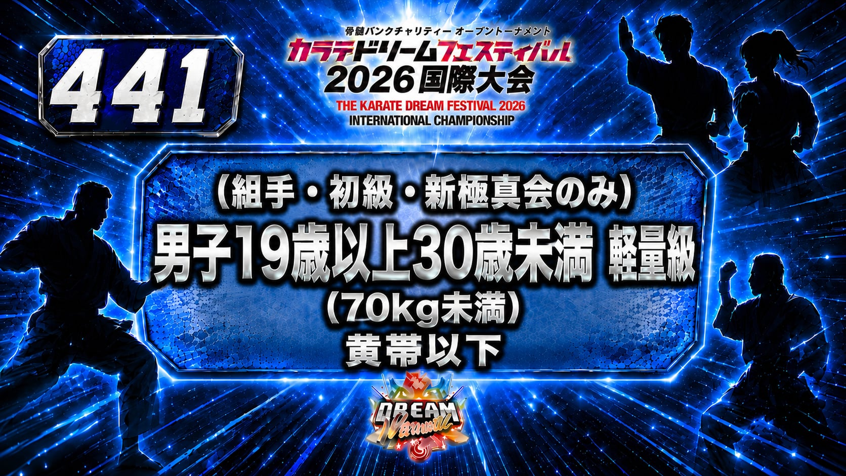 441（組手・初級・新極真会のみ）男子19歳以上30歳未満　軽量級(70㎏未満)　黄帯以下