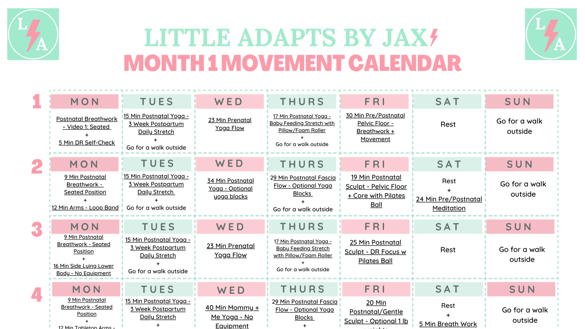 Postnatal Movement Month 1 Calendar