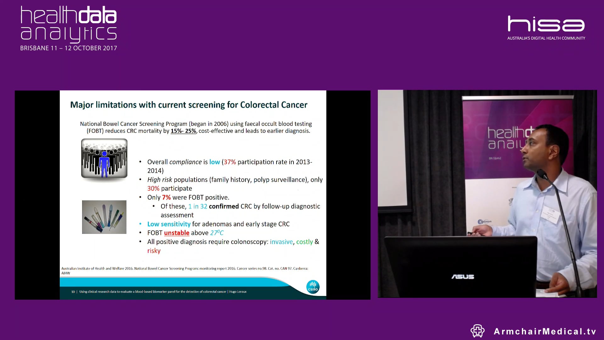 Using clinical research data to evaluate a blood-based biomarker panel for the detection of colorectal cancer Dr Hugo Leroux Research Scientist, The Australian E-Health Research Centre, CSIRO