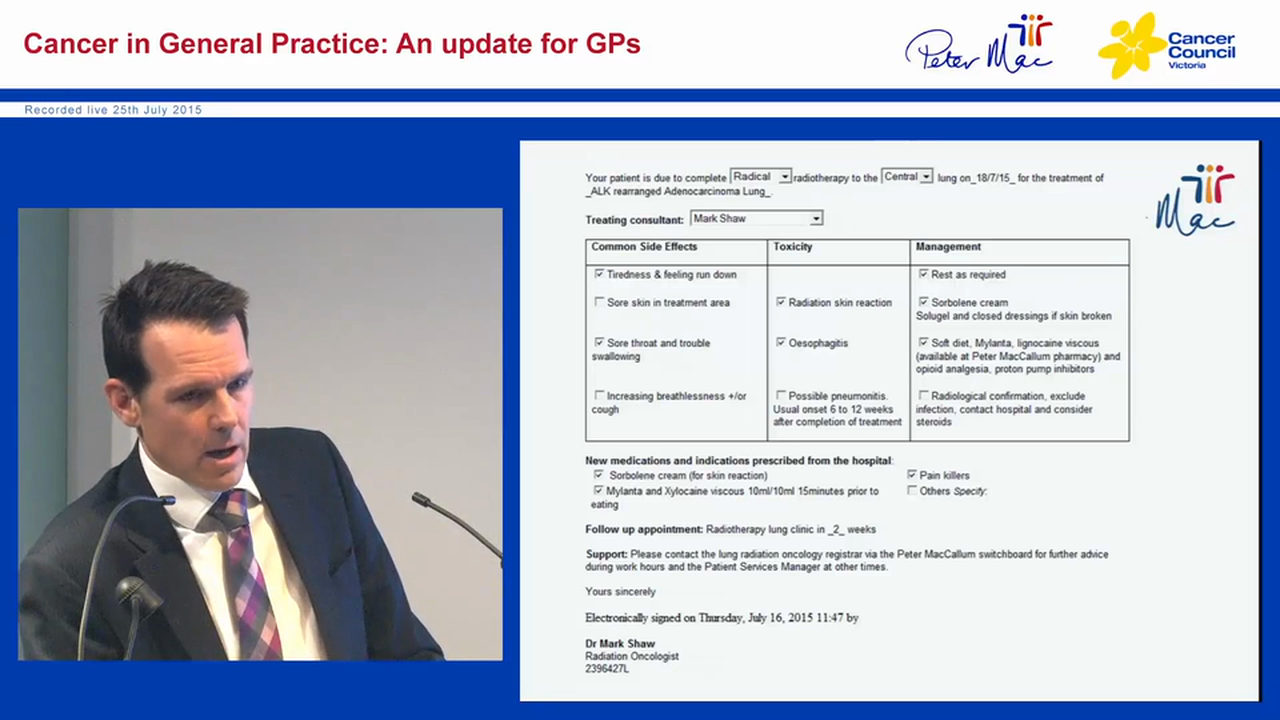 Lung Cancer for GPs Early Detection, radiotherapy toxicities and side effects, advantages of stereotactic radiotherapy Dr Mark Shaw