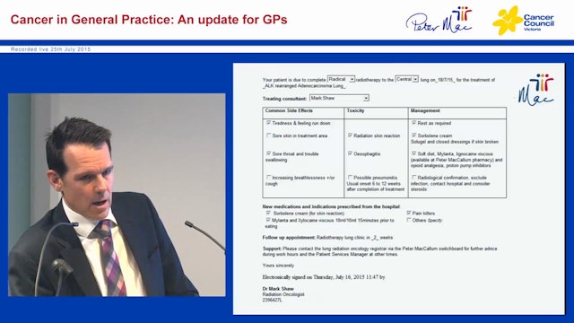Lung Cancer for GPs Early Detection, radiotherapy toxicities and side effects, advantages of stereotactic radiotherapy Dr Mark Shaw