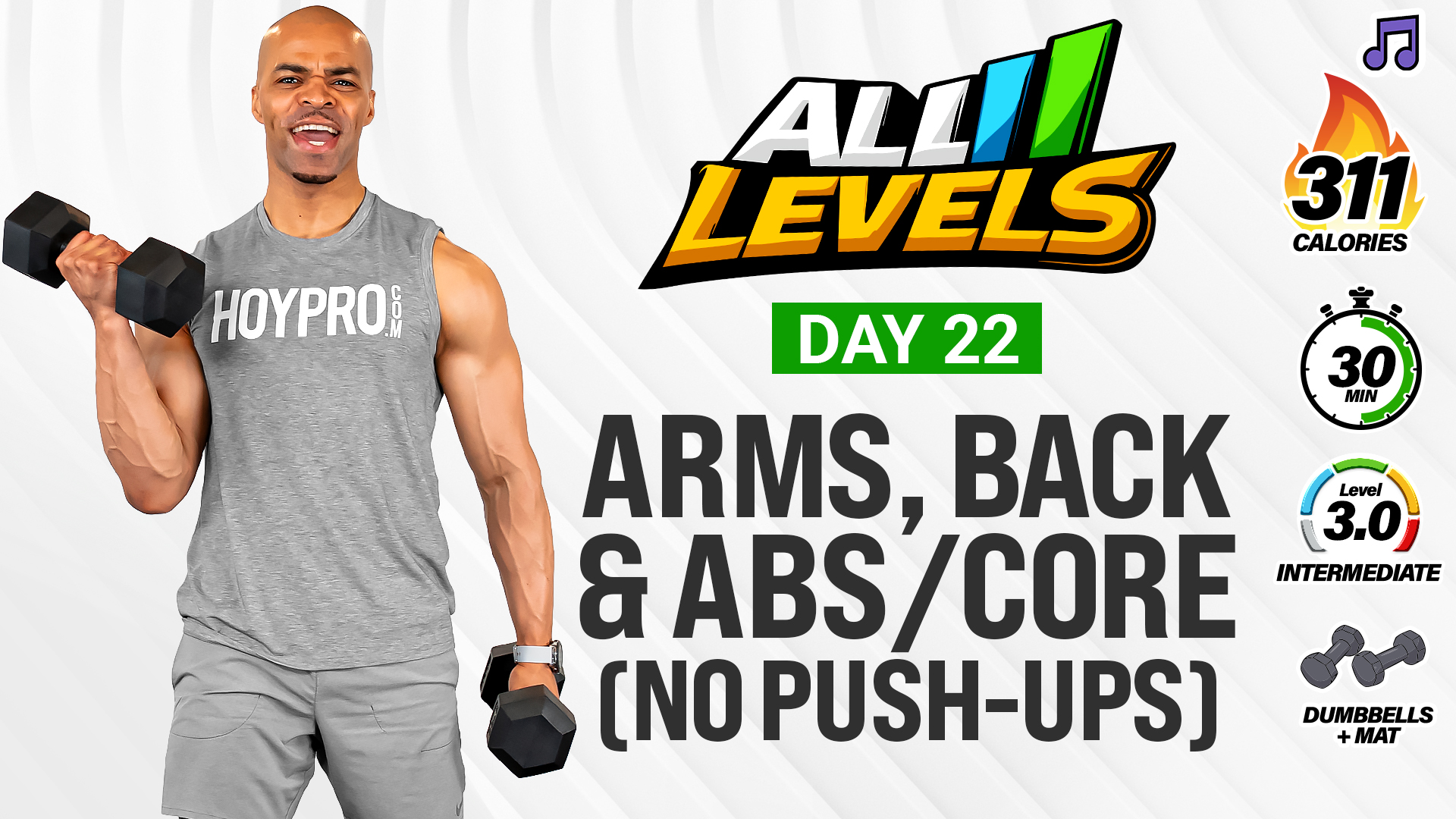 30 Minute Upper Body Arms, Back & Abs (No Push-Ups) - ALL LEVELS #021 (Music)